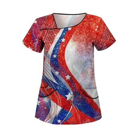 ktyne USA Flag Scrub Tops Women 4th Of July V-Neck Nurse Tops Holiday Short Sleeve T-Shirts Professionals Working Uniform with Pockets Vermilion XL