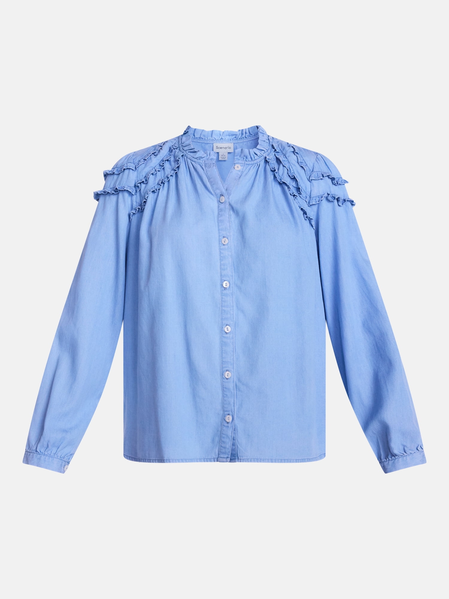 Scenario Women's and Women's Plus Ruffle Shoulder Top with Long Sleeves, Size XS-4X