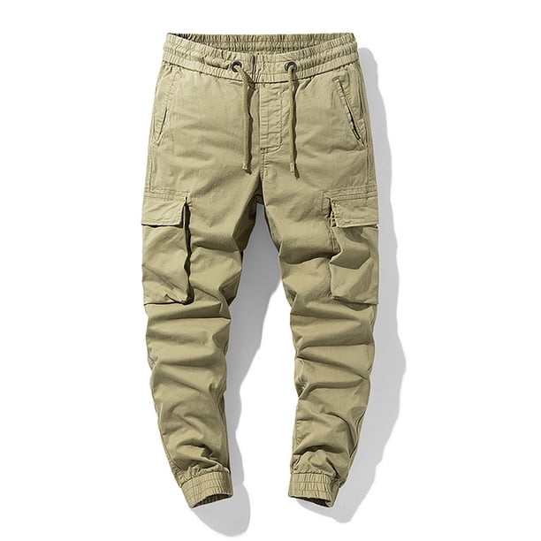 Pantalones largos de moda para hombre, casuales, de color sólido, cargo, con bolsillos y cremallera, cintura elástica, pantalones largos de algodón para hombre.