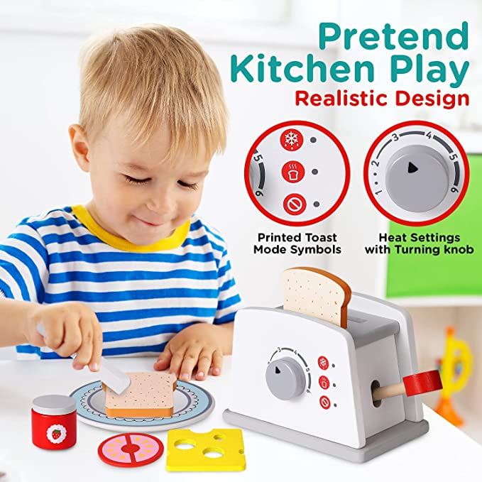 Play Brainy 8 Pc. Wood Pop up Kids Toaster Toy Boys and Girls Ages 3
