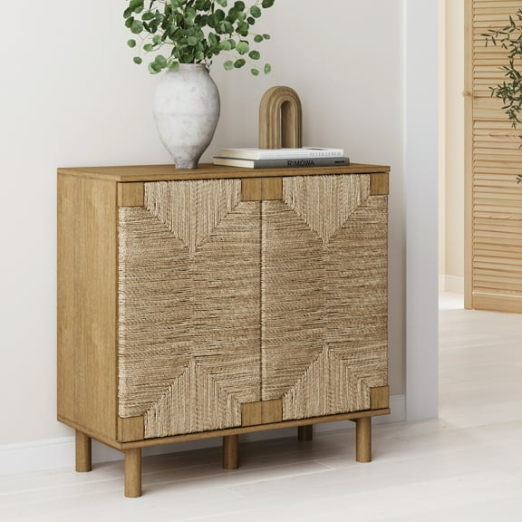 Nathan James Beacon Accent Cabinet with Seagrass Doors and Adjustable Shelf, Light Wood