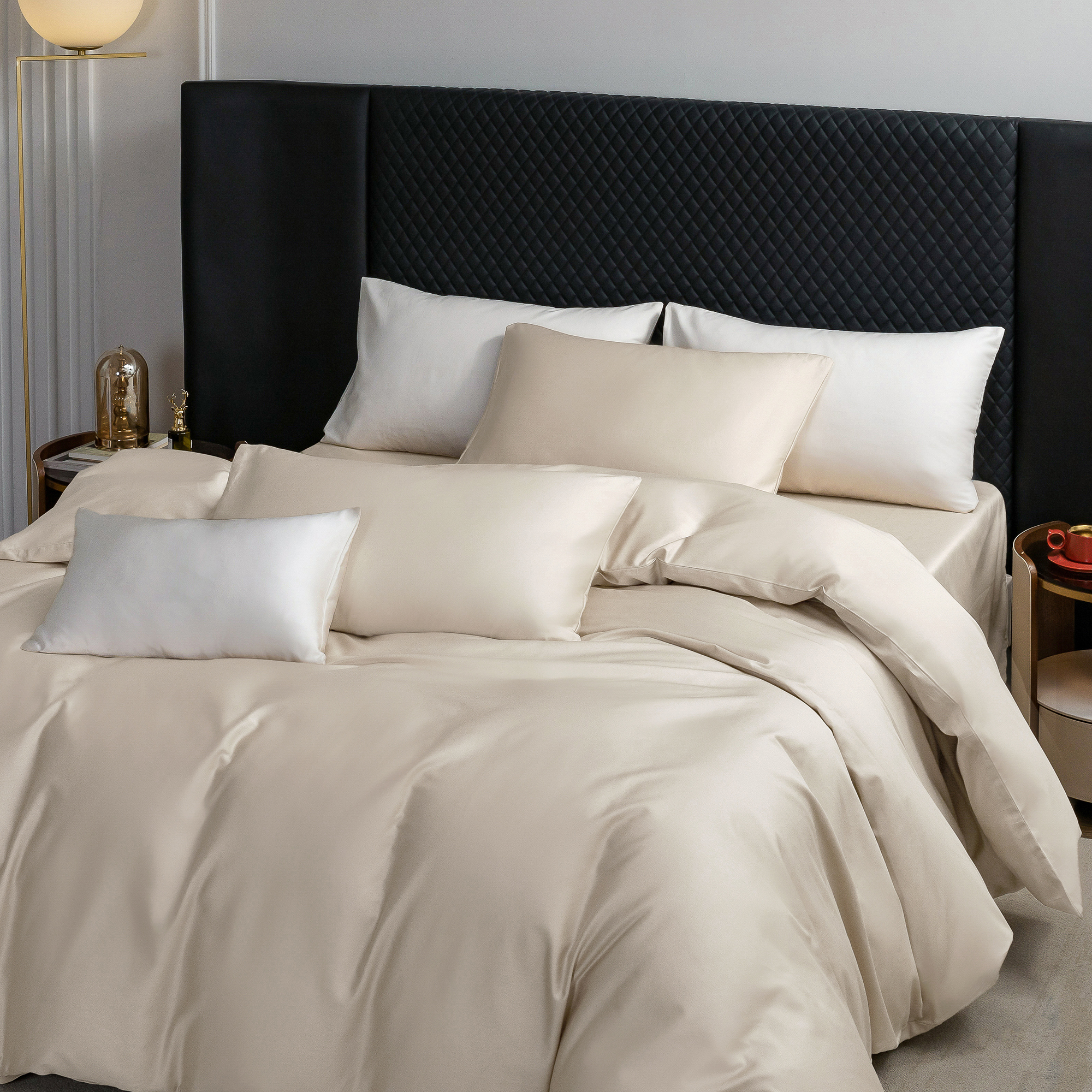 MooMee Duvet Cover Set Queen 600-TC 100% Extra Long-Staple Cotton Sateen Silky Smooth Luxury (Beige)