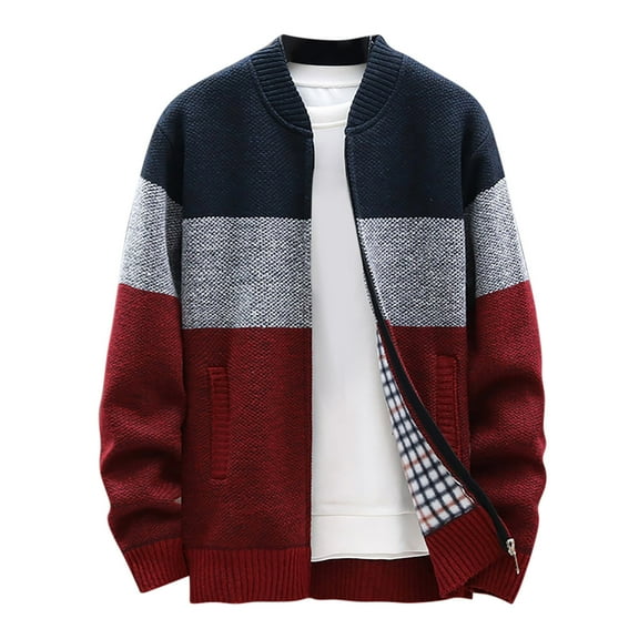 IROINNID Men's Zip Up Long Sleeve Color Block Casual Knitted Thick Sweater Stand Collar Fleece Lined Warm Jacket