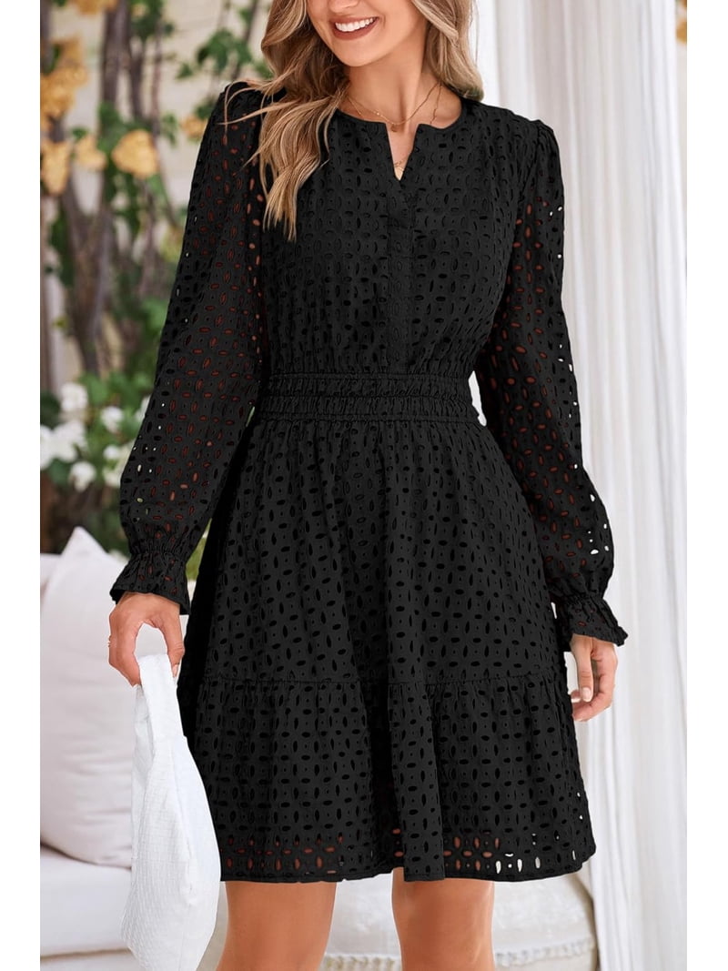 long sleeve mini wedding guest dress Women's 2024 Long Sleeve Mini Dress Eyelet V Neck A Line Casual Elegant  Holiday Wedding Guest Party Dresses