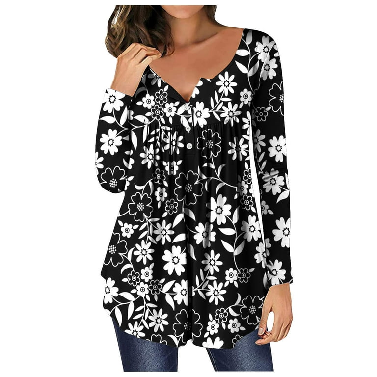Tunic Tops to Wear with Leggings Plus Size Tops for Women Henley Gradient  Ombre Comfy Flowy Pleated Long Shirt Dressy Long Sleeve Shirts Black S 