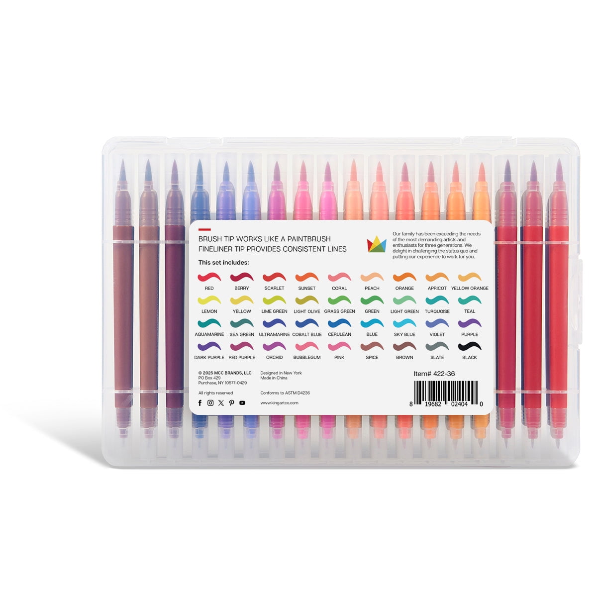 Kingart Studio, Twin-Tip Brush and Ultra Fine Markers, Set of 36