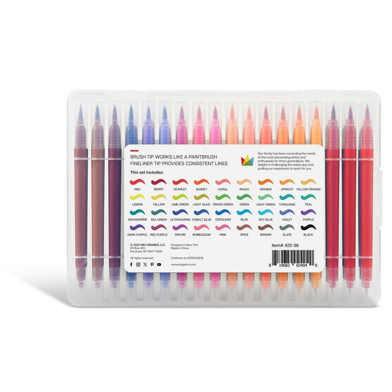 Kingart Studio, Twin-Tip Brush and Ultra Fine Markers, Set of 36