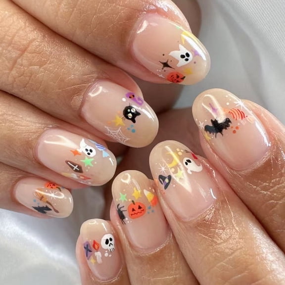Halloween Press On Nails 24 Pcs, Cute Spooky False Nails with Pumpkin Ghost Bat Web Designs, Medium Almond and Coffin Shapes Reusable Fake Nail Tips for Halloween Party, Women's Artificial Nails Set