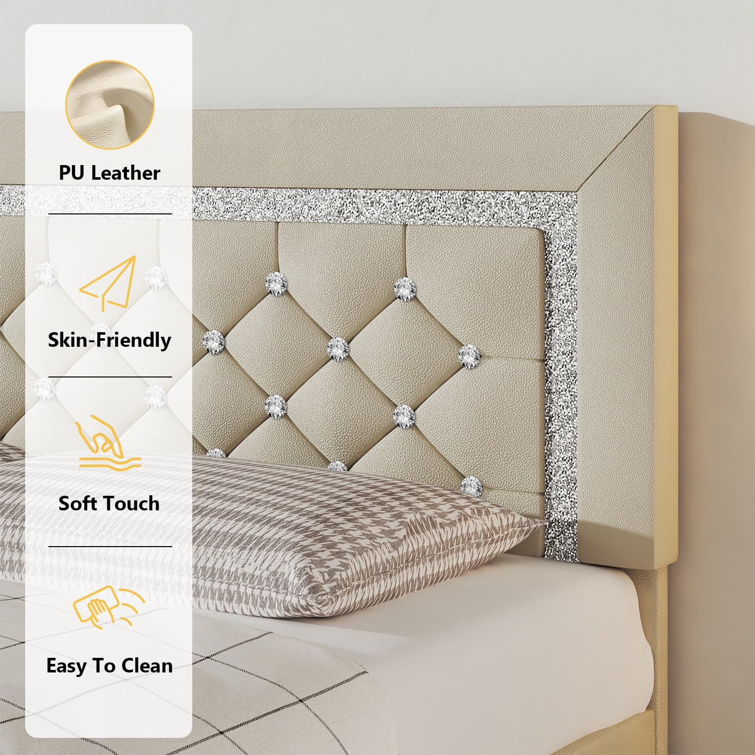 4 EVER WINNER Full Bed Frame, Upholstered Platform Bed Frame with Headboard and Footboard, Diamond Headboard and Footboard Design, Beige