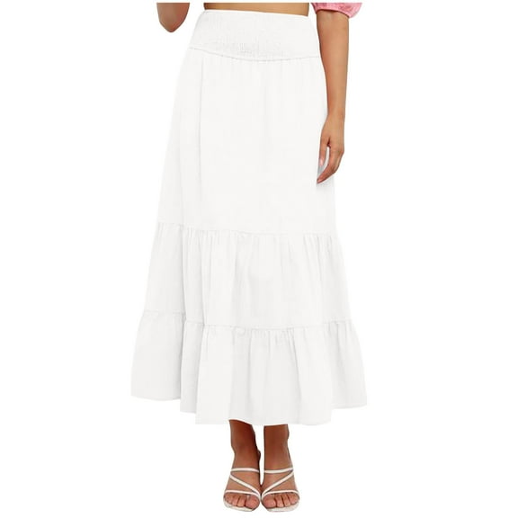 Besolor Maxi Skirts for Women Summer Elastic High Waist Ruffle Tiered a Line Flowy Beach Boho Long Skirt