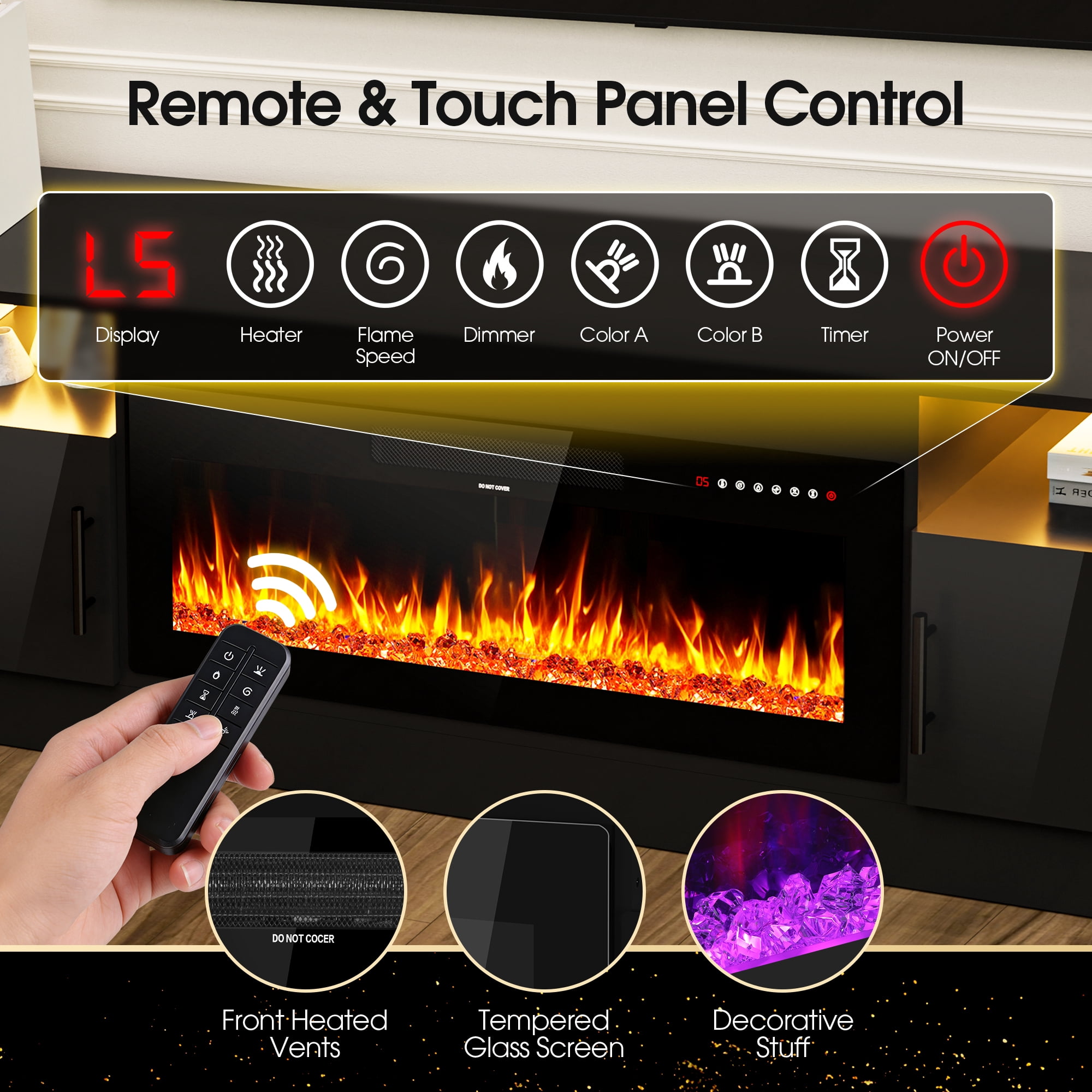 HARIPUL 80” TV Stand with 36" Electric Fireplace for TVs Up to 90 inch, LED Light Entertainment Center with High Gloss Door, Modern Media Console Cabinet for Living Room