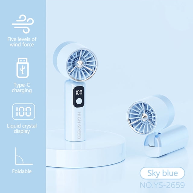 Ventilador portátil de alta velocidad con pantalla digital, recargable por USB, mini ventilador silencioso, 5 velocidades, compacto para viajes, oficina y uso al aire libre.