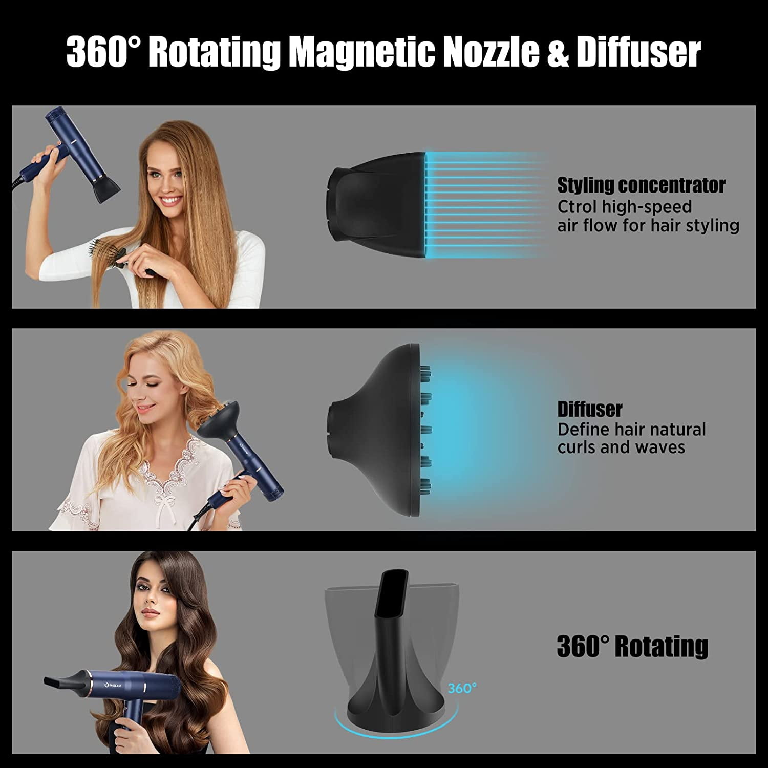 IG INGLAM 1875W ALCI Safety Plug, Lightweight Hair Dryer, 110,000 RPM Brushless Motor, Negative Ion Generator, 3 Heat & Speeds Settings, Auto Clean Function, Portable, 125V, 60HZ