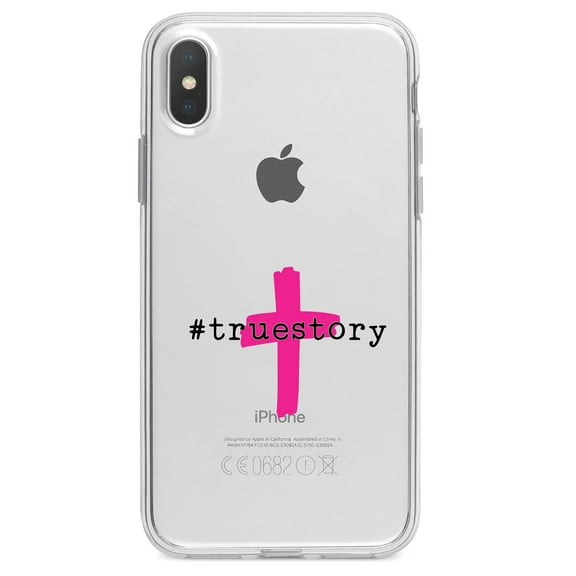 DistinctInk Clear Shockproof Hybrid Case for iPhone XR (6.1" Screen) - TPU Bumper Acrylic Back Tempered Glass Screen Protector - #truestory - Cross - Christian - Hot Pink
