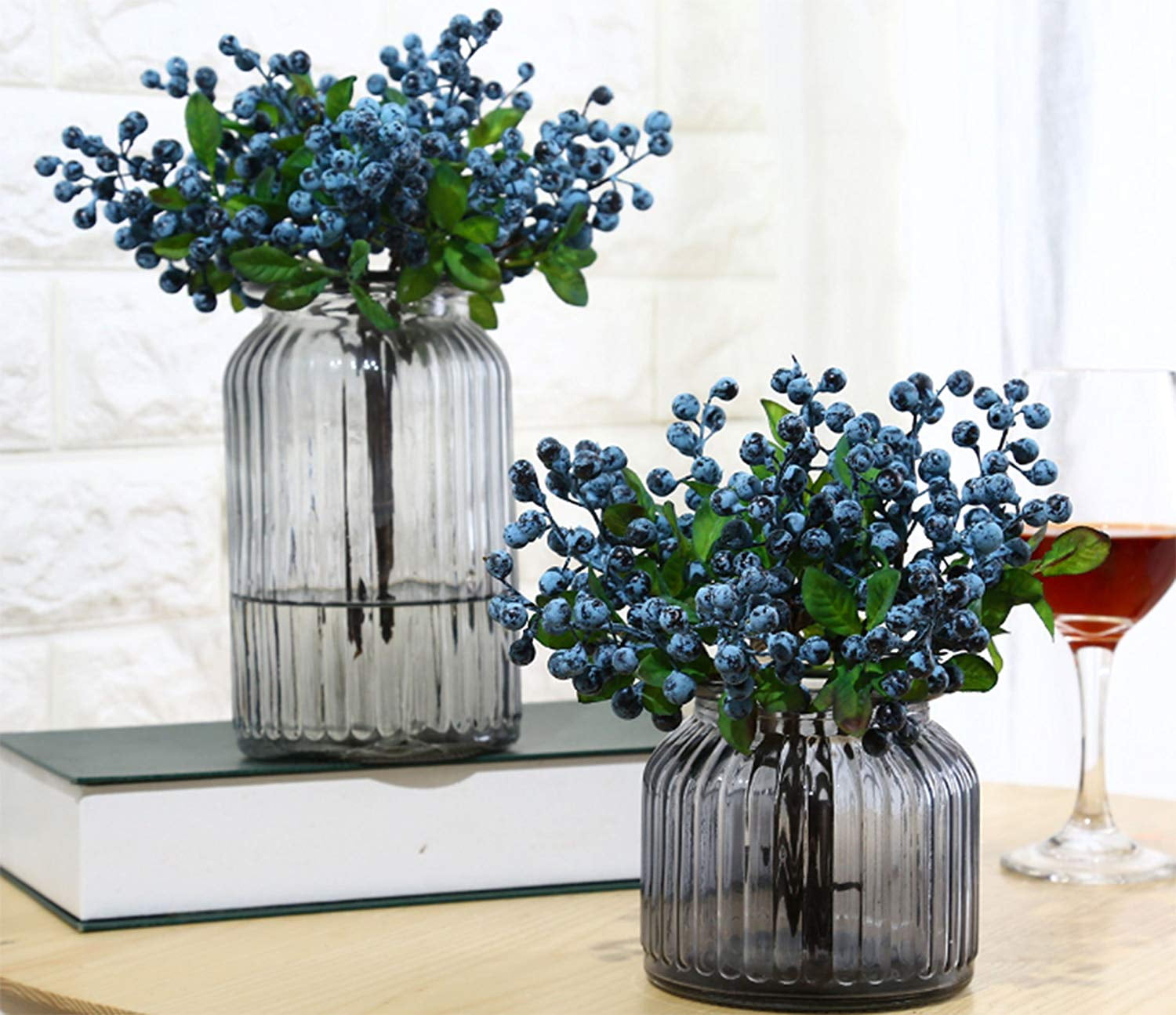 10 Pcs Plastic Artificial Flowers California Berries Blueberry Fruit Fake Silk Flowers Home Decorative Party Wedding (Blue)