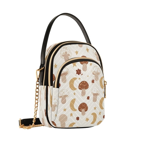 Women's Quilted Crossbody Bag Small Shoulder Tote Purse with 3 Zipper Pockets Moon and Mushrooma