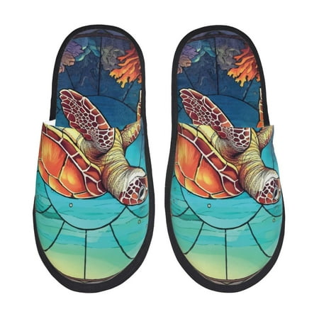 Balery Sea Turtle in Coral Slient Indoor Furry Fleece Comfort House Shoes Soft Non-Slip Home Shoes Cotton slippers House Slippers-- Large