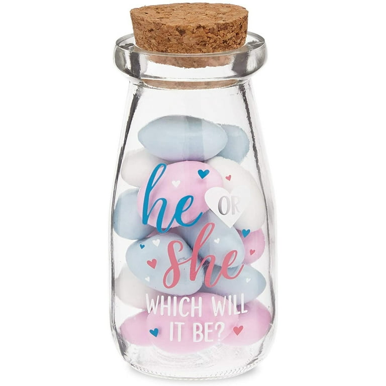 Sparkle and Bash 12 Pack He or She Milk Jars for Gender Reveal Party  Favors, 4 Oz Glass Bottles with Cork Lids for Baby Shower Decorations (4 In)
