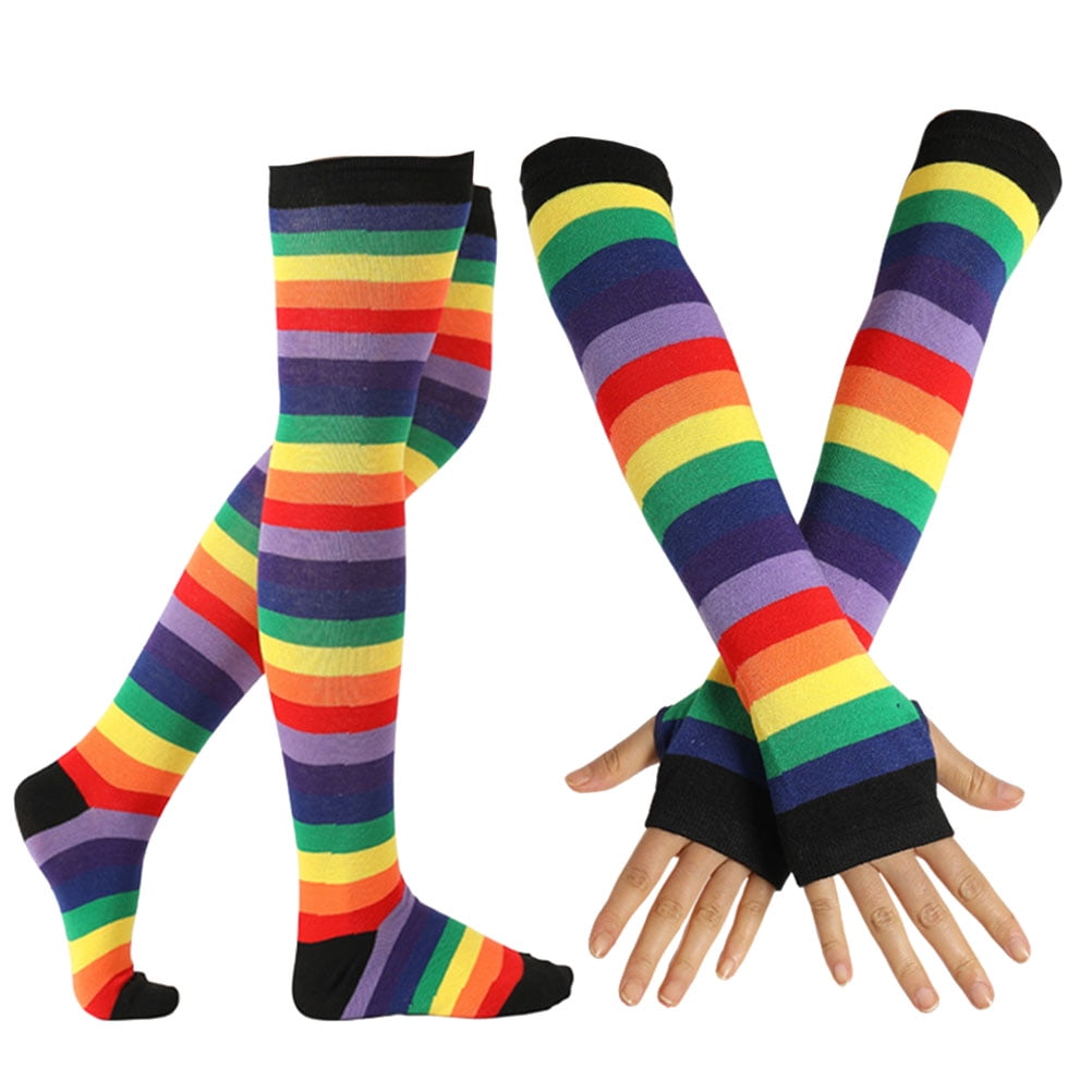 NUOLUX 2pcs Rainbow Strips Gloves Socks Set Warm Leg Stockings Gloves
