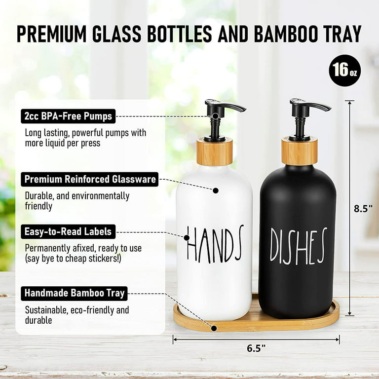 Hand/Dish Soap Bottles with Bamboo Tray Set