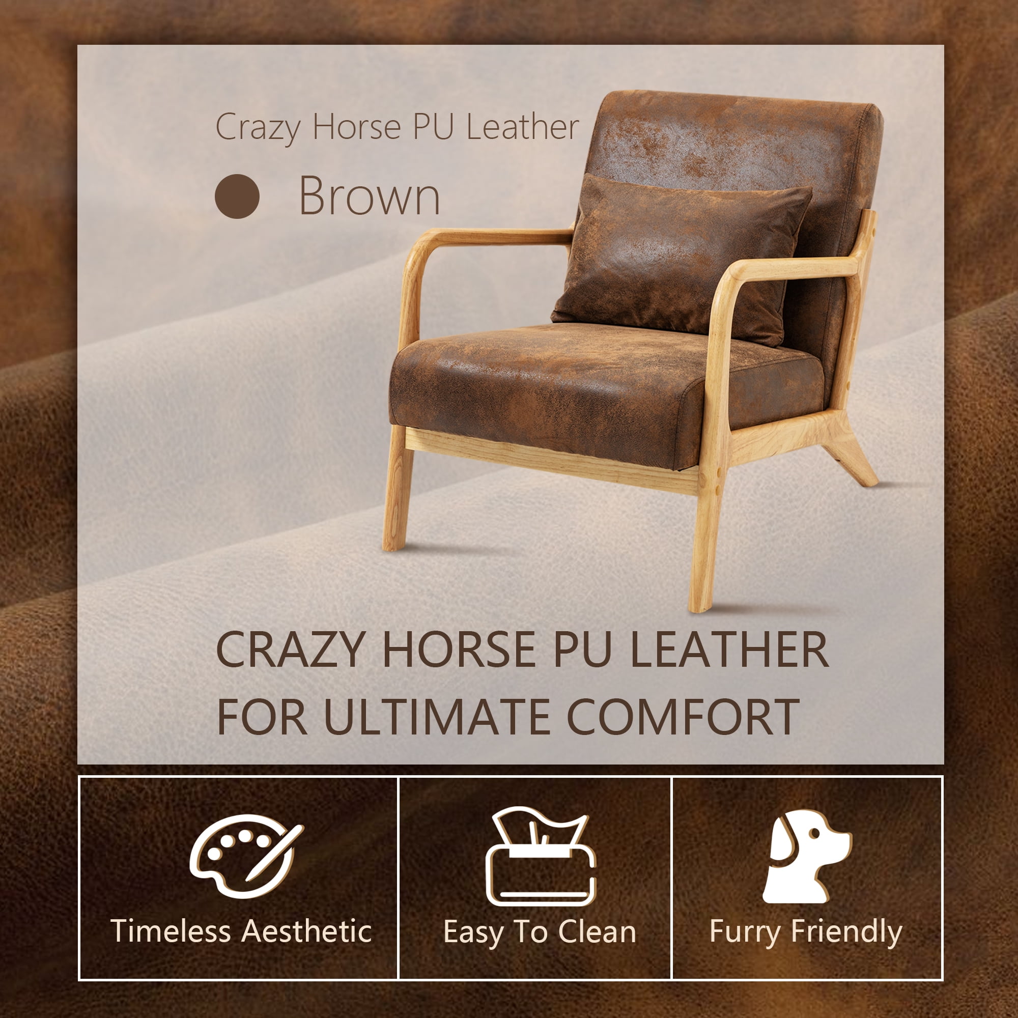 Miniyam Mid Century Modern Accent Chair with Wood Frame, Upholstered Living Room Chairs with Waist Cushion, Reading Armchair,Brown