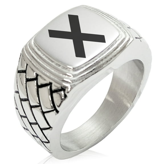Stainless Steel Niwa Samurai Crest Geometric Pattern Step-Down Biker Style Polished Ring