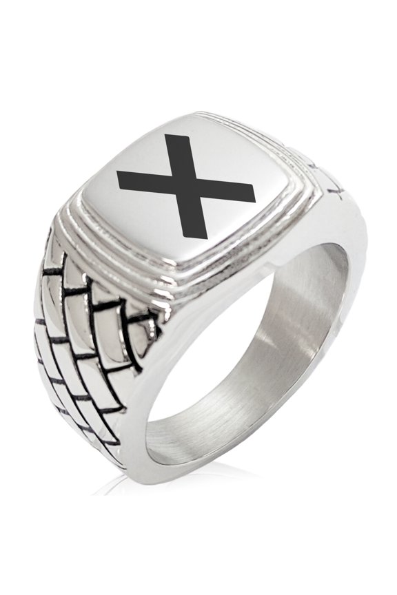 Stainless Steel Niwa Samurai Crest Geometric Pattern Step-Down Biker Style Polished Ring