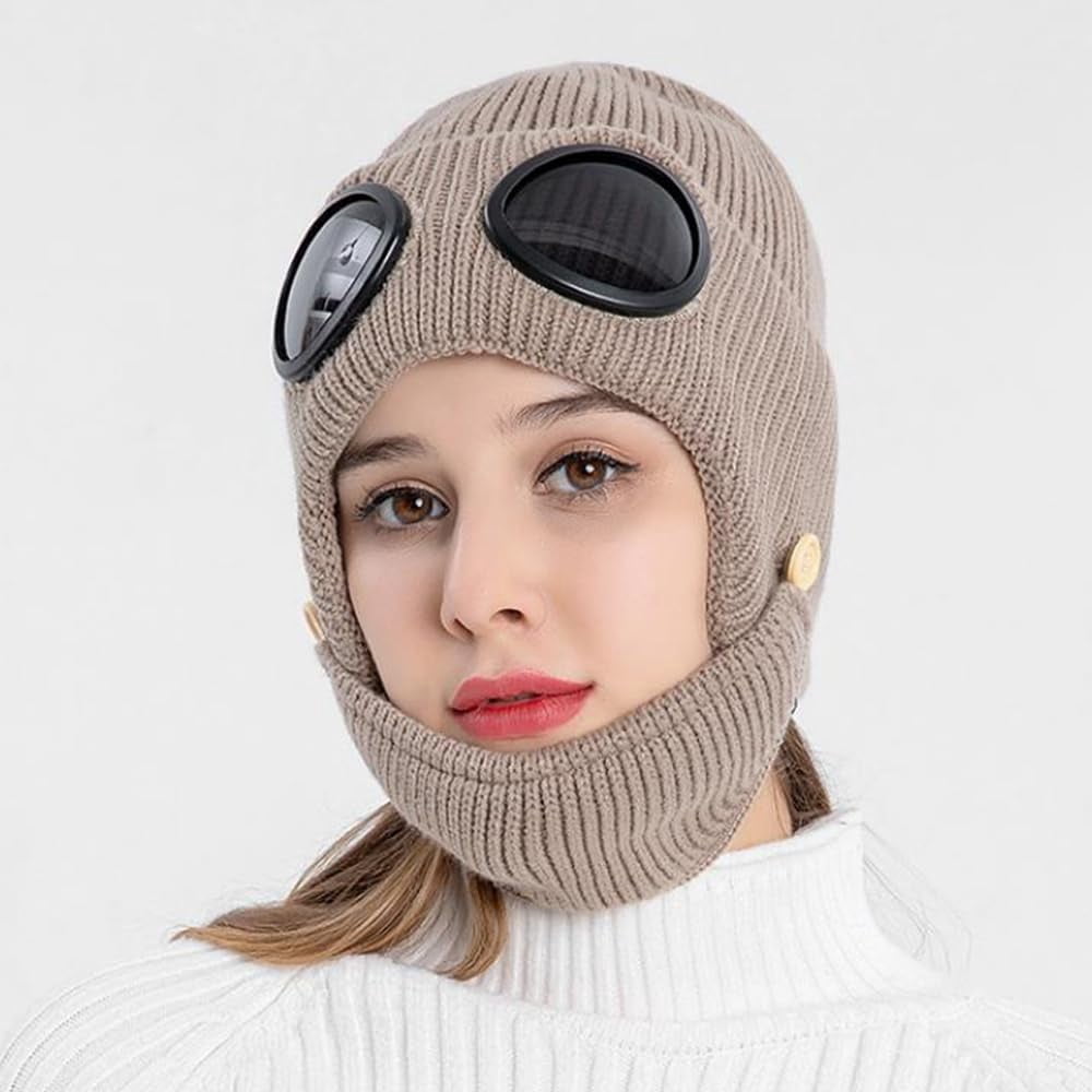 Unisex Winter Ski Beanie Hat with Goggles and Detachable Mask, 3-in-1 Unisex Knitted Goggles Beanie, Ski Mask with Goggles