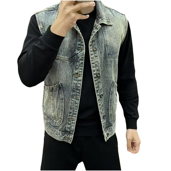 Hinvhai Denim Vest Men Lapel Sleeveless Slim Fit Retro Ripped Casual Jean Vest for Men's Blue 10(XL)