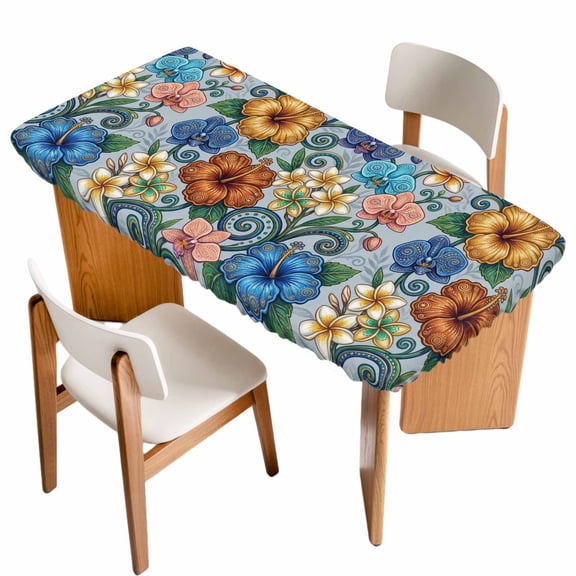 Boho Colorful Floral Table Cloths for 5 Foot Rectangle Tables, Spring Flowers Vintage Abstract Art Patio Waterproof Elastic Fitted Tablecloths, Washable Rectangular Table Cover for Camping