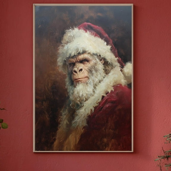 Vintage Bigfoot Santa Claus Portrait Christmas Holiday Home Decor Dad Christmas Decor Sasquatch Gift Yeti Poster Gothic Art- Wall Art Print, 8x12 UNFRAMED