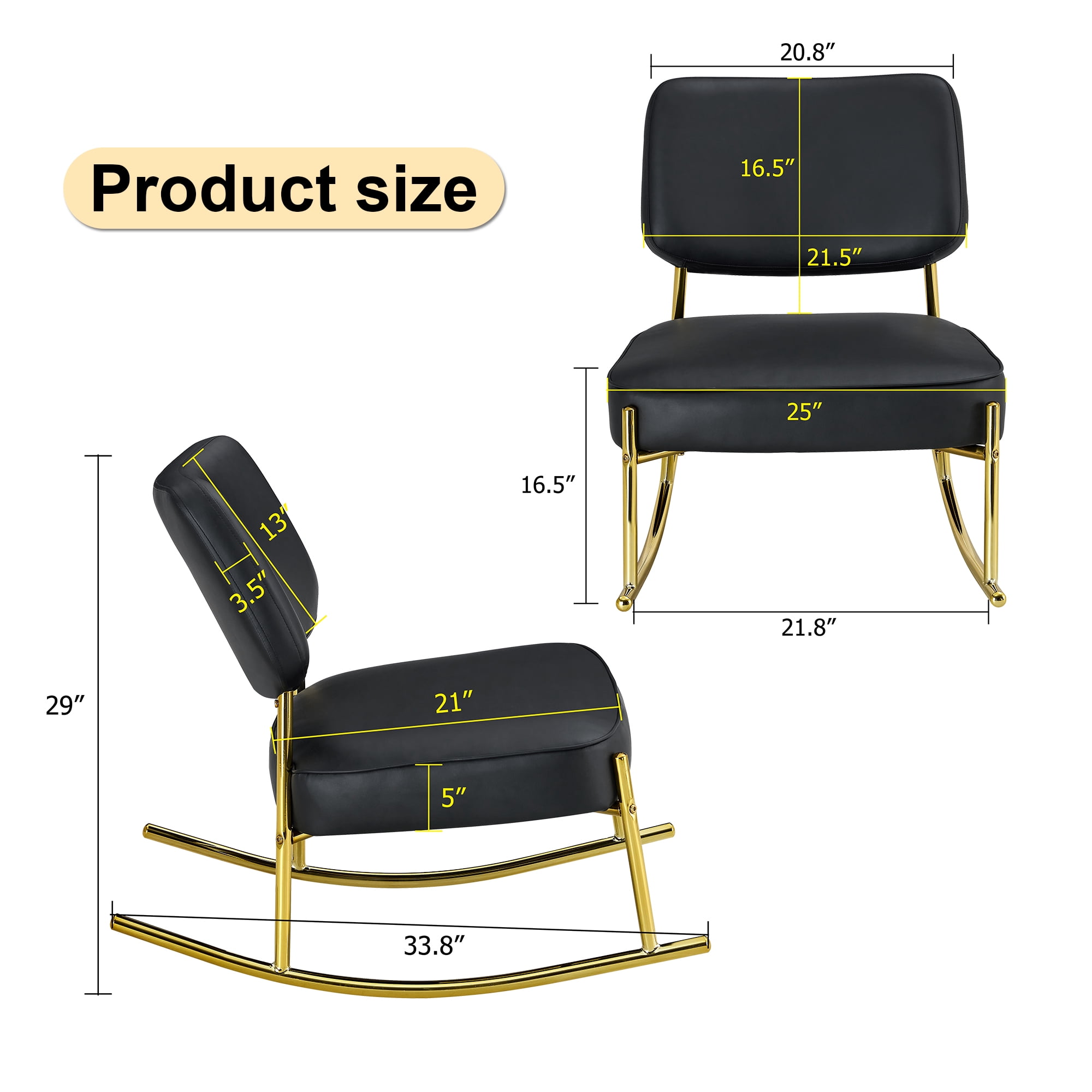 Aukfa Deep Seating Rocking Chair with PU Leather Padded Seat, Golden Metal Legs for Living Room, Black