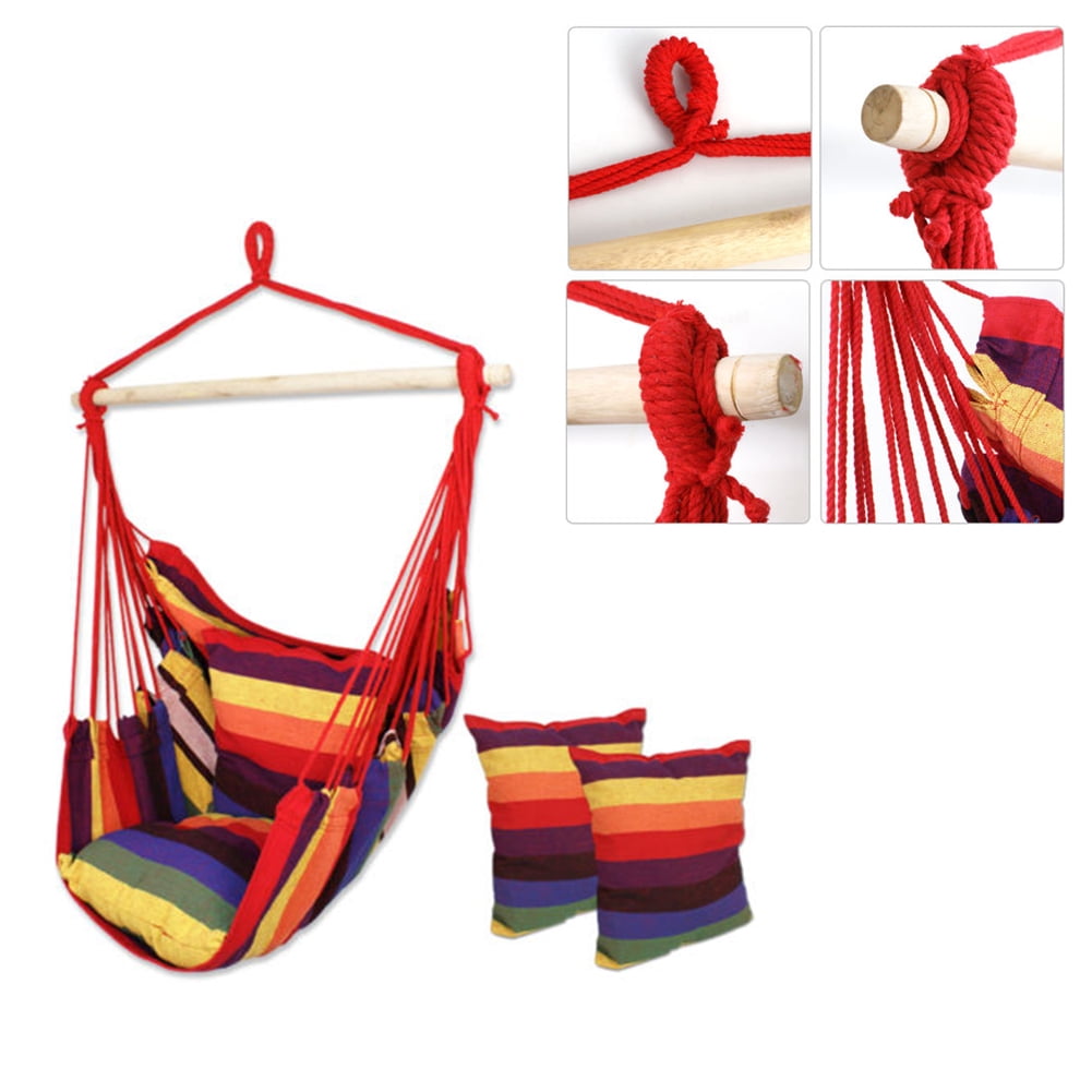 Veryke Cotton Canvas Hammock Hanging Rope Chair, Hanging Bubble Chair Porch Swing Seat Swing Chair Camping Portable for Patio, Deck, Yard, Indoor Bedroom Garden with 2 Pillows Rainbow Stripe