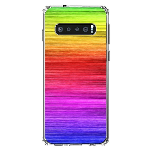 DistinctInk Clear Shockproof Hybrid Case for Samsung Galaxy S10 (6.1" Screen) - TPU Bumper, Acrylic Back, Tempered Glass Screen Protector - Rainbow Shimmering Lines