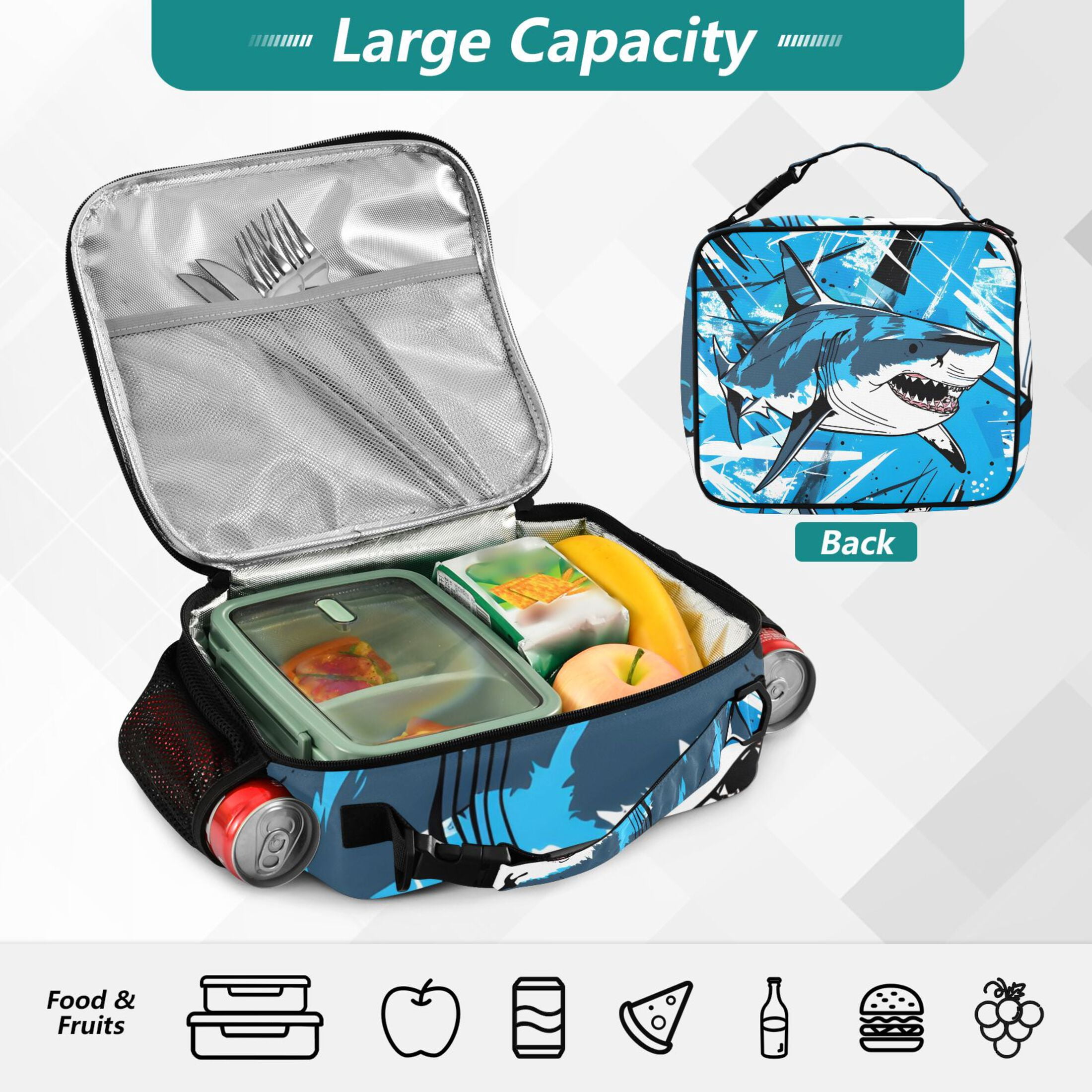 ALAZA Fierce Shark Lunch Box Insulated Lunch Bag Cooler Tote with Shoulder Strap