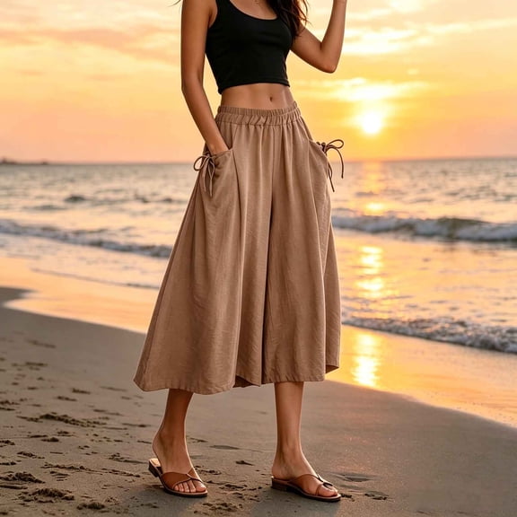 Cagogo Women's Plus Size Wide Leg Capri Pants with Pockets Casual Elastic Waist Loose Flowy Summer Beach Work Lounge Trousers Fashion Clothes, Khaki 2XL