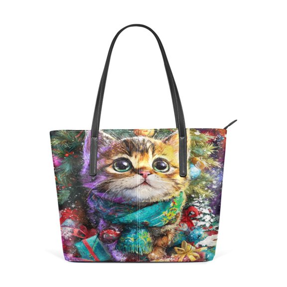 Tote Bag Aesthetic leather Handbags with Zipper for Women Travel Shoulder Bags Purses with compartment. Christmas Decoration Lovely Kitten