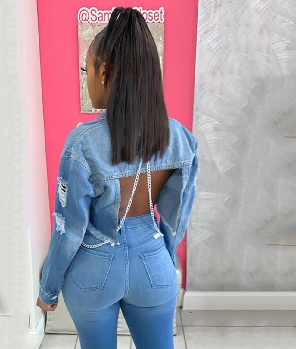 Sexy Backless Chains Denim Jacket