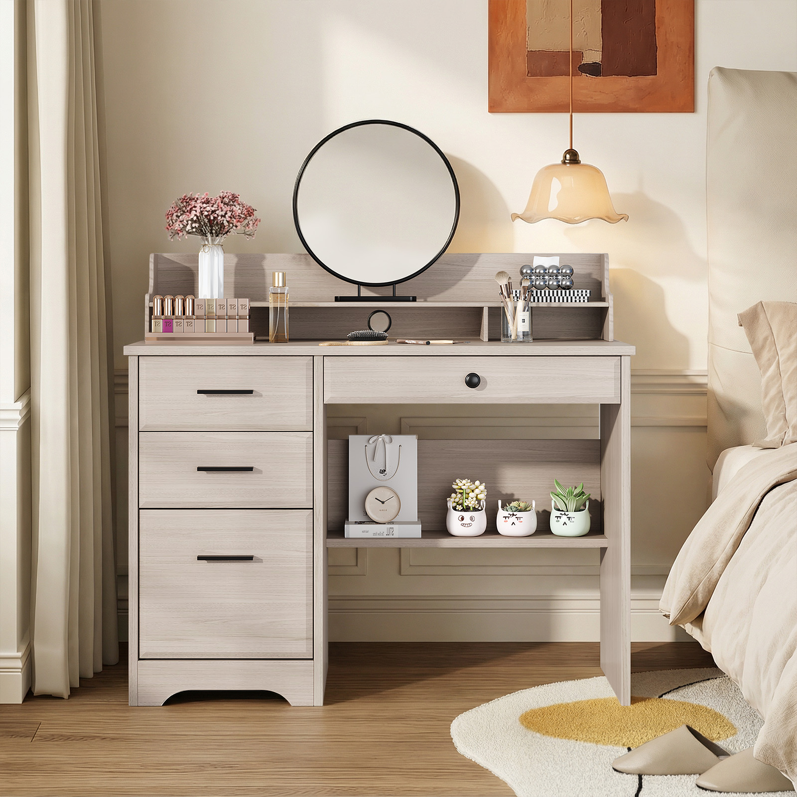 4 Ever Winner White Oak Wood Writing Desk with Hutch and Storage for Small Spaces