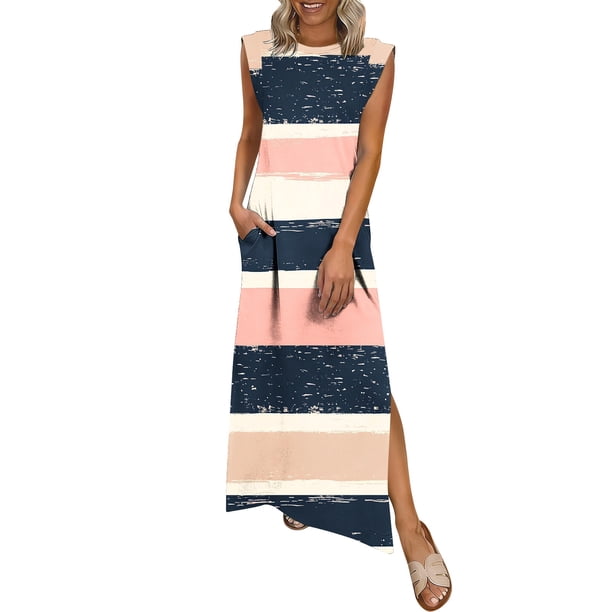 TaTaai Women's Fashion Solid Color Round Neck Sleeveless Knee Length Dress Casual Loose Waist Design with Side Pockets Soft Breathable Material for Spring Summer Daily Outings Gift