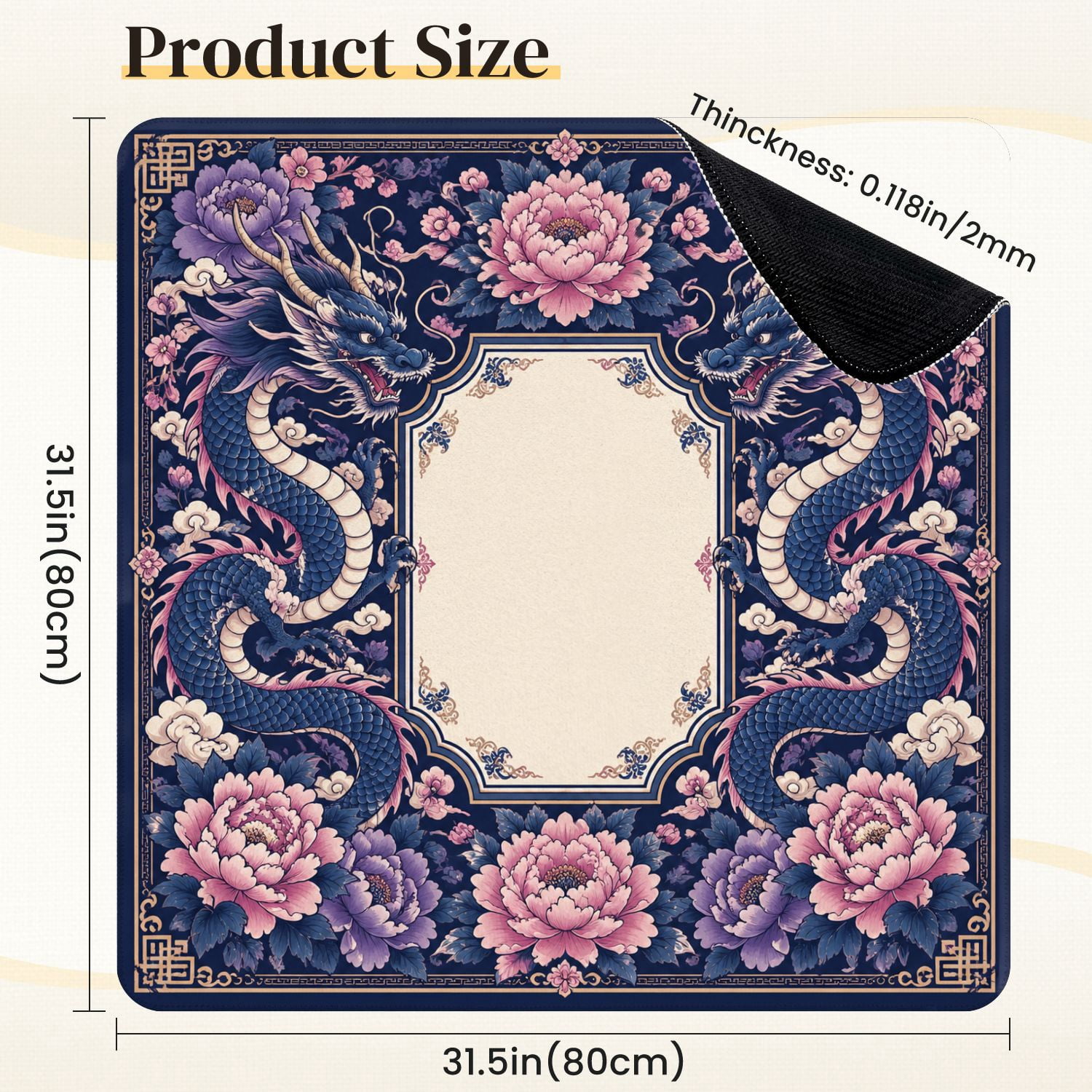 Mahjong Mat 31.5" x 31.5" Oriental Blue Dragons Pink Peonies Decorative Non-Slip Noise Reduction Mahjong Tiles Table Cover for Dominoes Poker Card Board and Tile Games