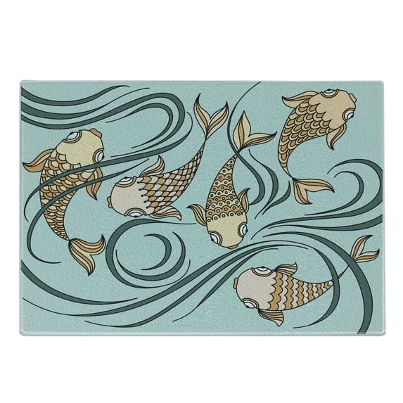 Goldfish Cutting Board, Illustration with Floating Fish in the Sea Underwater Sea Ocean Nature, Decorative Tempered Glass Cutting and Serving Board, in 3 Sizes, by Ambesonne