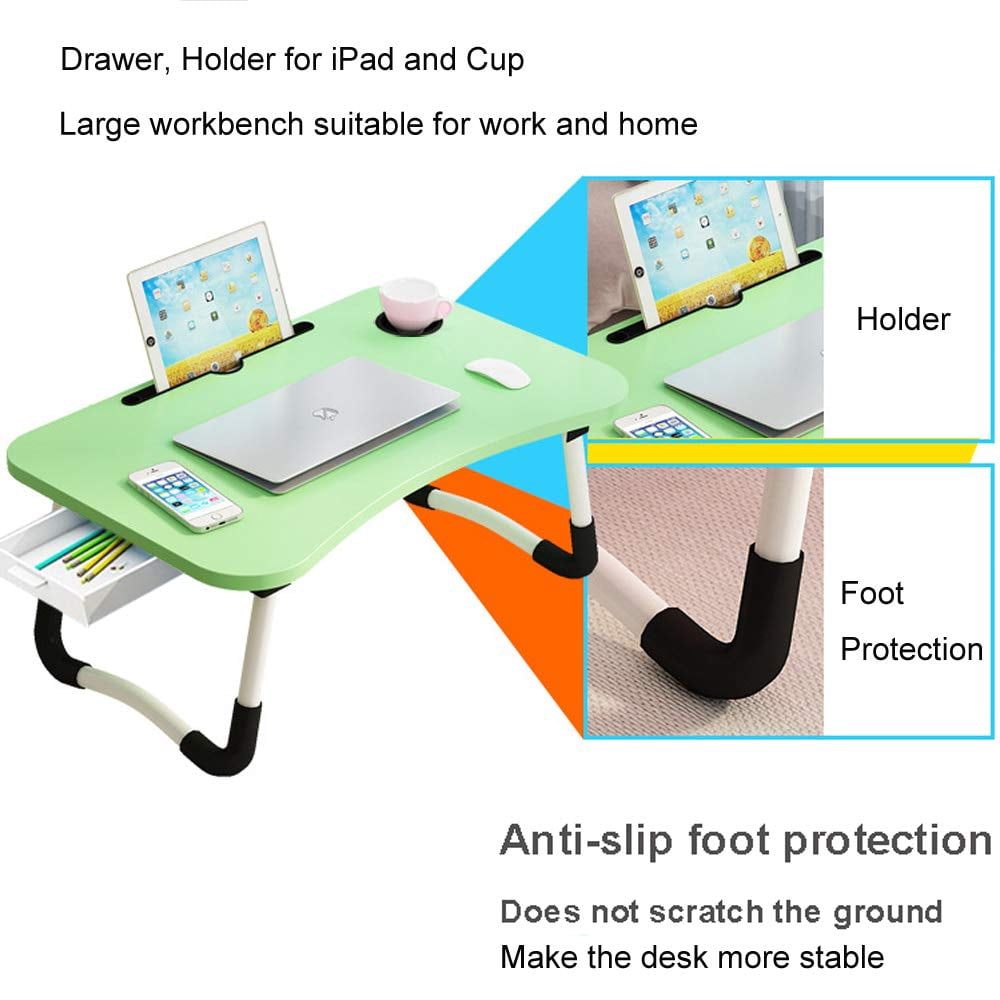 Lap Laptop Desk With Storage Drawer  Holders For Cup And Tablet Bed Tray Table Foldable Stand Portable Standing Sofa Couch Floor (23.6" Green)