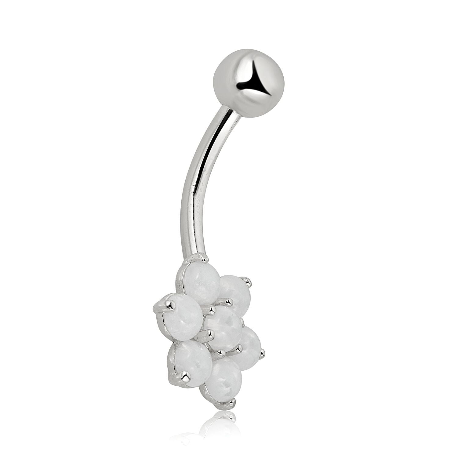 AVORA 10K White Gold Simulated Opal Flower Belly Button Ring Body Jewelry (14 Gauge)