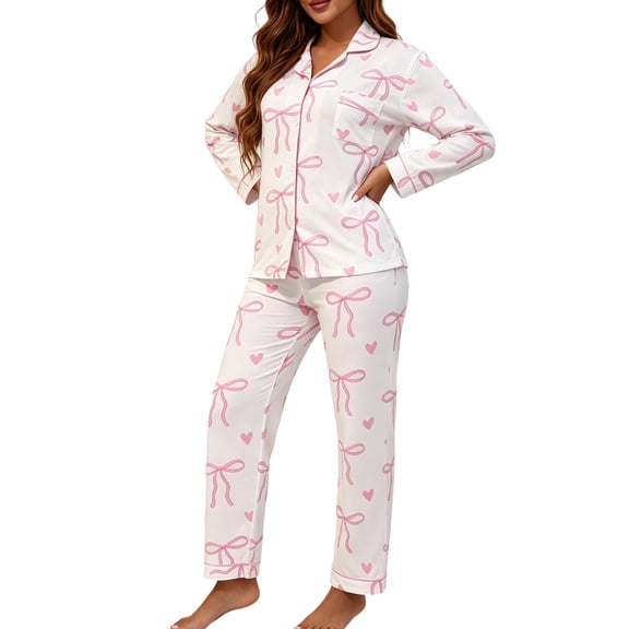 Vynhevius Women's Printed 2‑Piece Pajama Set Lapel Collar Open Front Long Sleeve Top Pants Comfortable Sleepwear,Pink,M