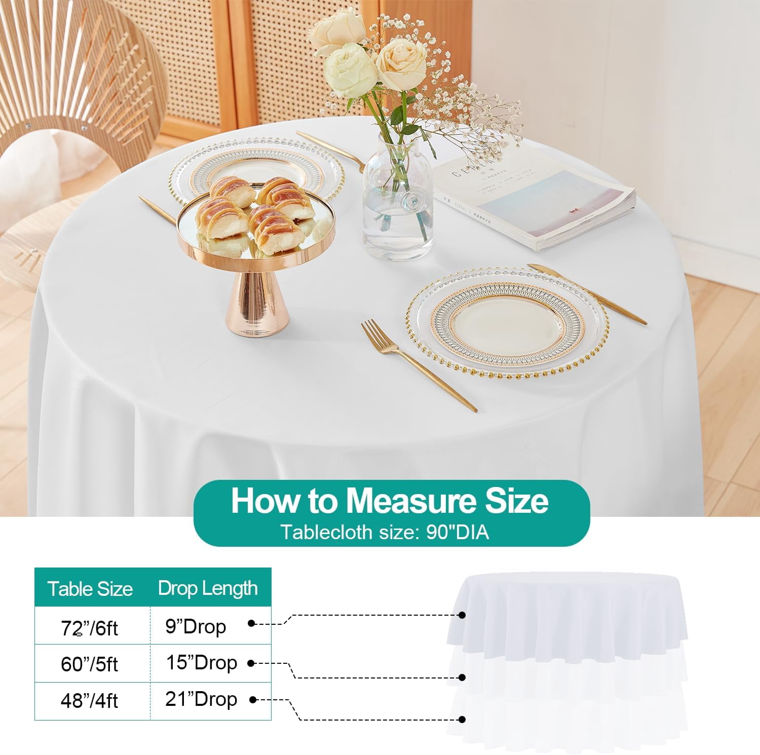 EMART 6-Pack White Round Tablecloths, 120 Inch Polyester, For Weddings, Parties & Events