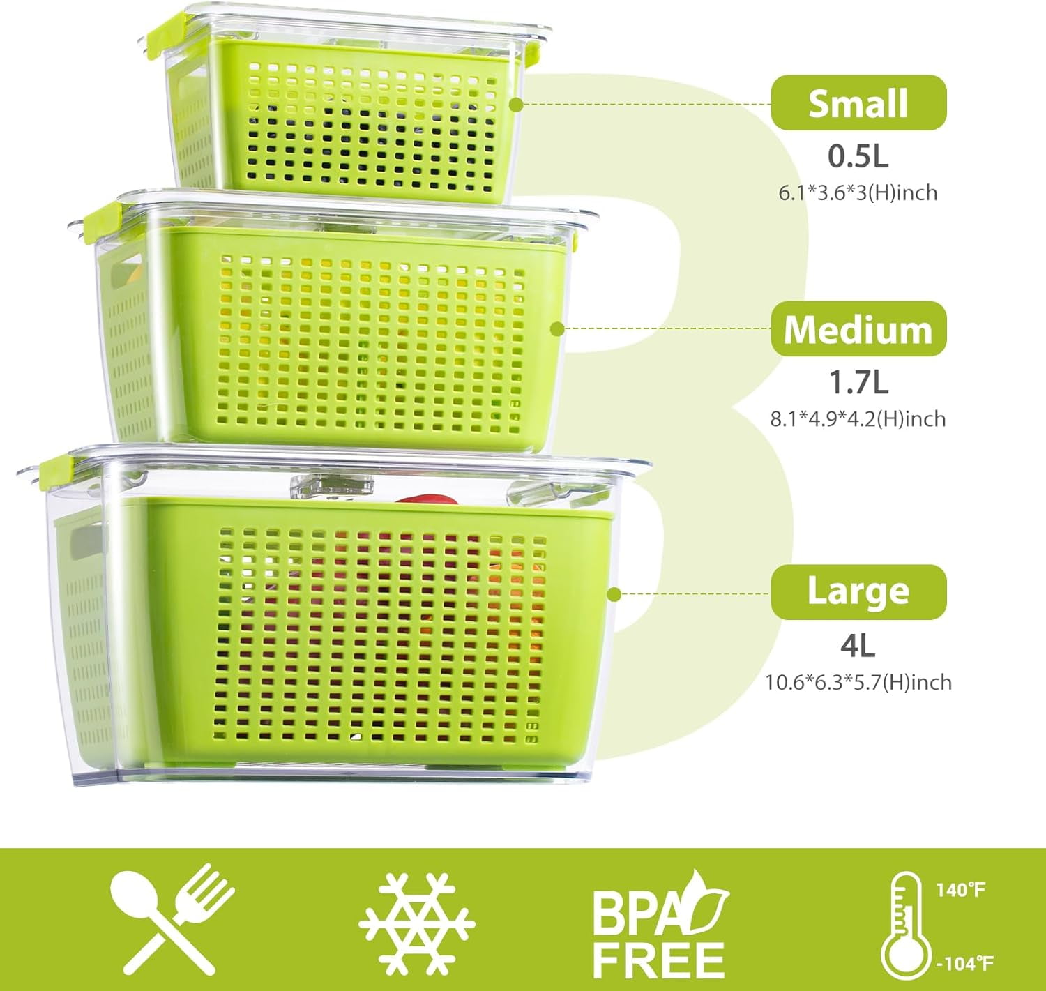 Fresh Container, 3PACK Produce Saver Container BPA Free Fridge Organizer for Vegetable Fruit and Salad Partitioned Food Storage Container with Vents Stay Fresh Containers Not Dishwashers Safe