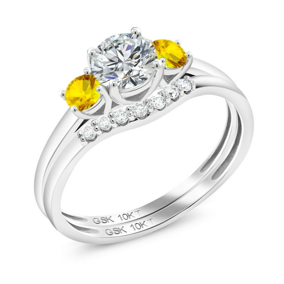 Gem Stone King 10K White Gold Lab Grown Diamond and Yellow Sapphire Bridal-Sets Ring for Women | 0.83 Cttw | Round 5MM | Gemstone April Birthstone | Size 9