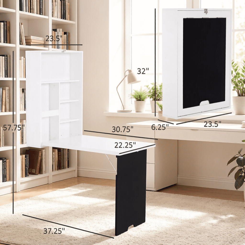 Wall Mounted Foldable Convertible Desk with Side Blackboard, P2 MDF Space Saving Floating Writing Computer Table with Multi Storage Shelves for Small Room