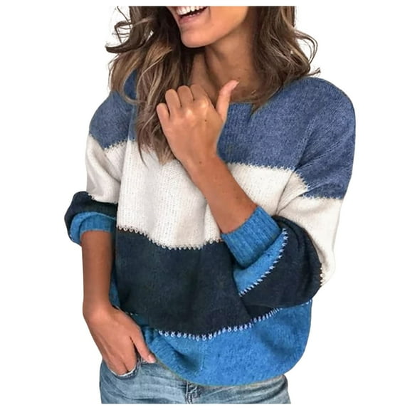 Wovix Women's Sweaters Casual Long Sleeve Crewneck Color Block Patchwork Pullover Knit Sweater Basic Trendy Tops Soft Outfits For Daily